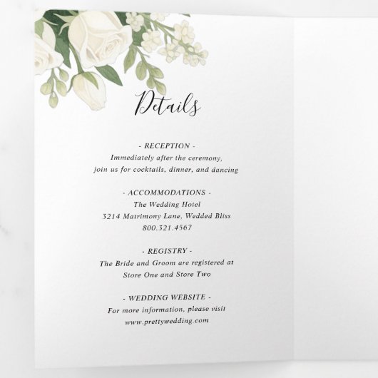 Romantische witte hortensia Roos Elegante bruiloft Drieluik Uitnodiging (Binnenzijde eerst)