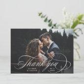 Romantische witte kalligrafie 2 foto bruiloft bedankkaart (Staand voorkant)