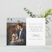 Romantische witte kalligrafie foto bruiloft bedankkaart (Staand voorkant)