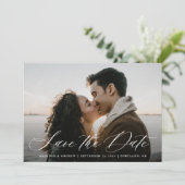 Romantische witte kalligrafie foto save the date (Staand voorkant)