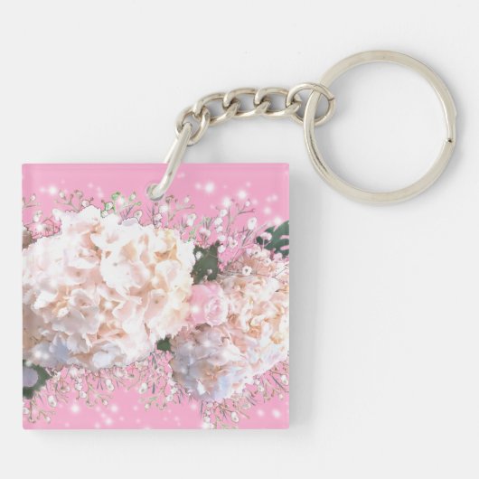 Romantische witte kranen (hydrangeas roze rozen) B Sleutelhanger (Achterkant)