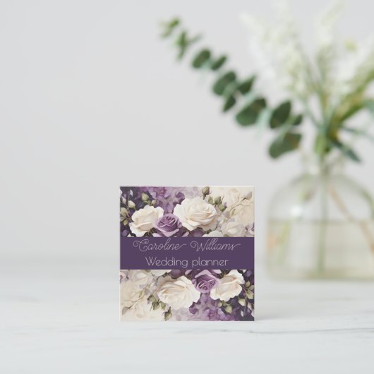 Romantische witte Paarse Rozen weddingplanner Vierkante Visitekaartje (Staand voorkant)
