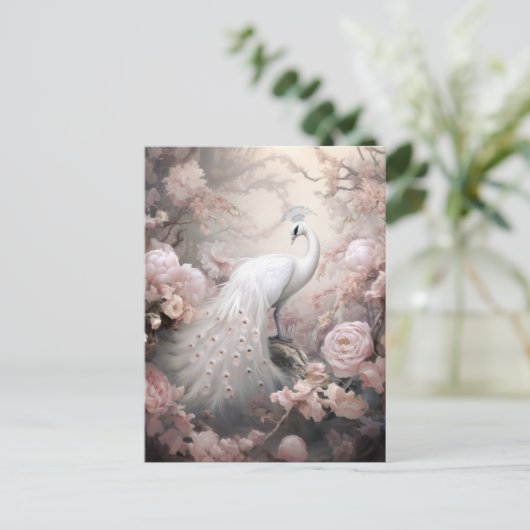 Romantische witte pauw en blos roze bloemen briefkaart (Staand voorkant)