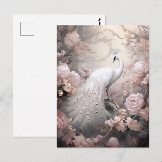 Romantische witte pauw en blos roze bloemen briefkaart (Voorkant / Achterkant)