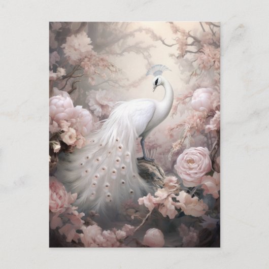 Romantische witte pauw en blos roze bloemen briefkaart (Voorkant)