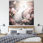 Romantische witte pauw en blos roze bloemen canvas afdruk (Insitu (Slaapkamer))