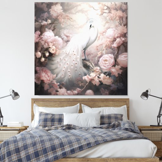 Romantische witte pauw en blos roze bloemen canvas afdruk (Insitu (Slaapkamer))