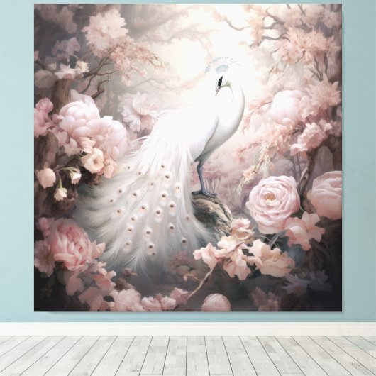 Romantische witte pauw en blos roze bloemen canvas afdruk (Insitu (Houten vloer))