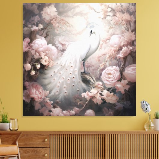Romantische witte pauw en blos roze bloemen canvas afdruk (Insitu (Woonkamer))