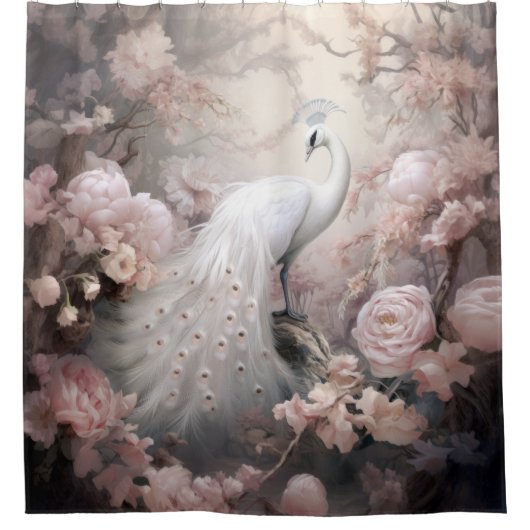Romantische witte pauw en blos roze bloemen douchegordijn (Voorkant)