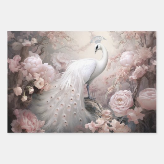 Romantische witte pauw en blos roze bloemen inpakpapier vel (Voorkant 2)