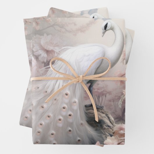 Romantische witte pauw en blos roze bloemen inpakpapier vel (In situ)