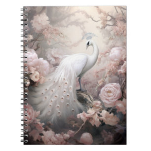 Romantische witte pauw en blos roze bloemen notitieboek