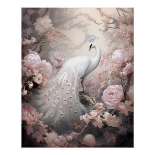 Romantische witte pauw en blos roze bloemen perfect poster (Voorkant)
