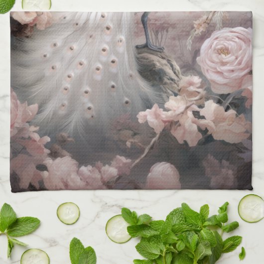 Romantische witte pauw en blos roze bloemen theedoek (Gevouwen)