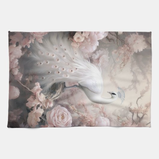 Romantische witte pauw en blos roze bloemen theedoek (Horizontaal)