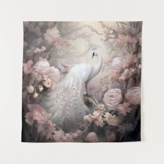 Romantische witte pauw en blos roze bloemen wandkleed (Voorkant)
