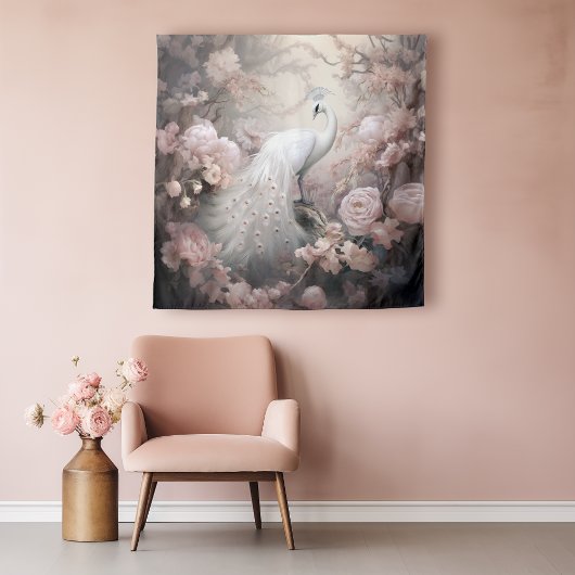 Romantische witte pauw en blos roze bloemen wandkleed