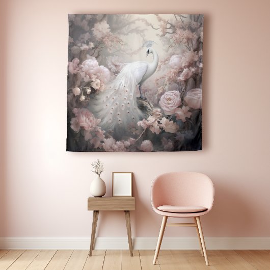 Romantische witte pauw en blos roze bloemen wandkleed