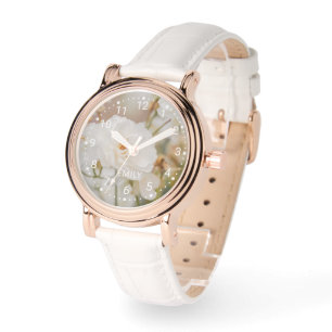 Romantische witte roos bloemen foto en aangepaste  horloge