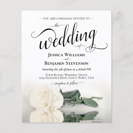 Romantische Witte Rose BUDGET bruiloft uitnodiging (Voorkant)