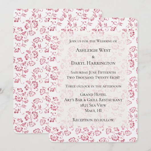 Romantische witte roze glitter bloemenbruiloft kaart (Voorkant / Achterkant)