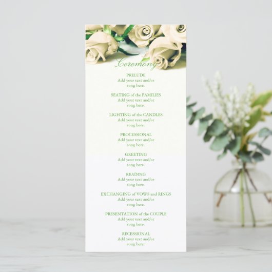 Romantische witte rozen bruiloft programma programmakaart (Staand voorkant)