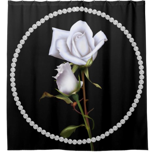 Romantische Witte Rozen Elegante Bloemen Chic Zwar Douchegordijn (Voorkant)