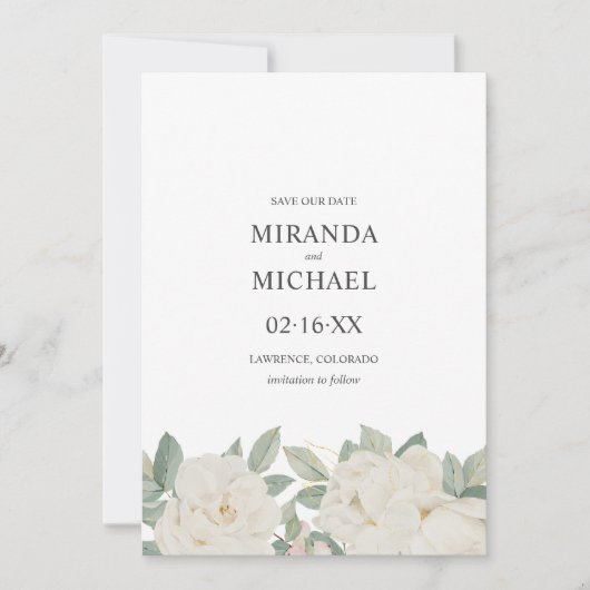 Romantische witte rozen Elegante BRUILOFT Save The Date (Voorkant)