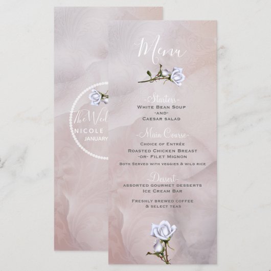 Romantische Witte Rozen Elegante Glam Wedding Menu (Voorkant / Achterkant)