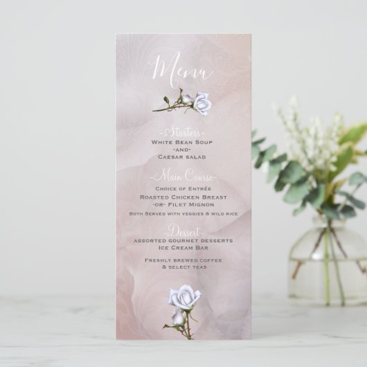 Romantische Witte Rozen Elegante Glam Wedding Menu (Staand voorkant)