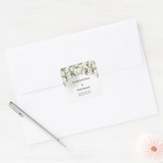 Romantische witte rozen Eucalyptus en gouden bruil Vierkante Sticker (Envelop)
