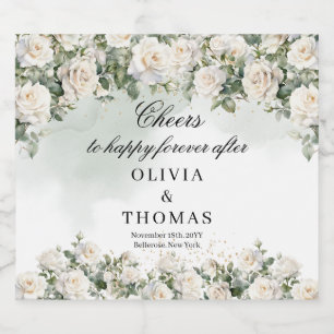 Romantische witte rozen Eucalyptus groen en goud Bier Etiket