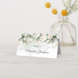 Romantische witte rozen Eucalyptus groen en goud Plaatskaartje