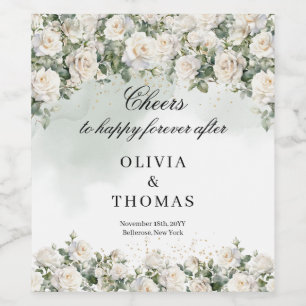 Romantische witte rozen Eucalyptus groen en goud Wijn Etiket