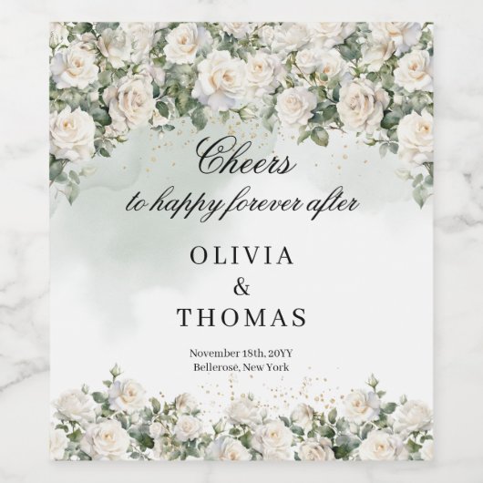 Romantische witte rozen Eucalyptus groen en goud Wijn Etiket (Enkel label)