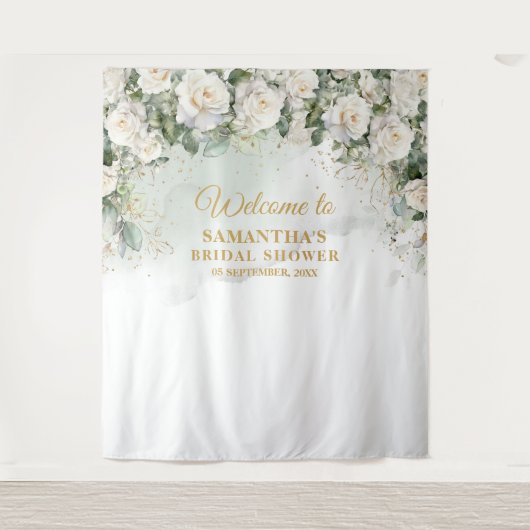 Romantische witte rozen Eucalyptus Vrijgezellenfee Wandkleed (Voorkant)