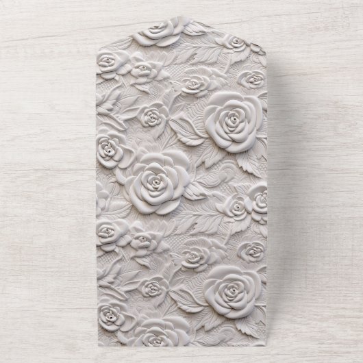 Romantische witte rozen faux lederen bruiloft all in one uitnodiging (Buitenkant)