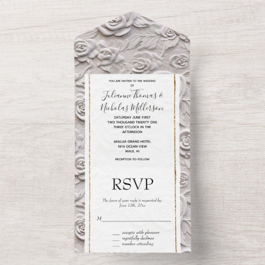 Romantische witte rozen faux lederen bruiloft all in one uitnodiging (Binnen)