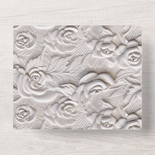 Romantische witte rozen faux lederen bruiloft all in one uitnodiging (Achterkant)