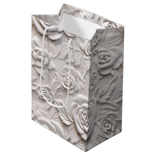 Romantische witte rozen faux lederen bruiloft medium cadeauzakje (Voorkant Gekanteld)