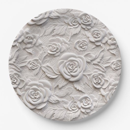 Romantische witte rozen faux lederen bruiloft papieren bordje (Voorkant)