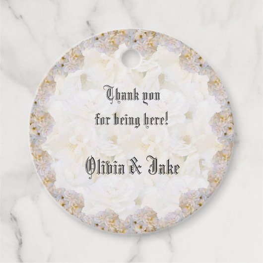 Romantische witte rozen gastfavoriet bedankjes labels (Voorkant)