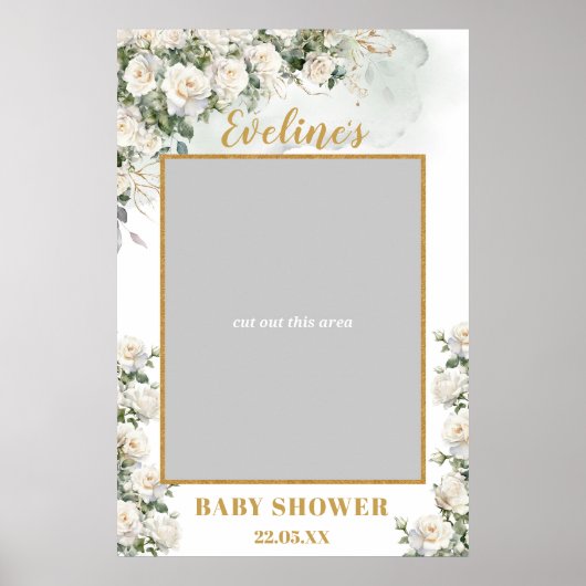 Romantische witte rozen gouden baby shower foto pr poster (Voorkant)