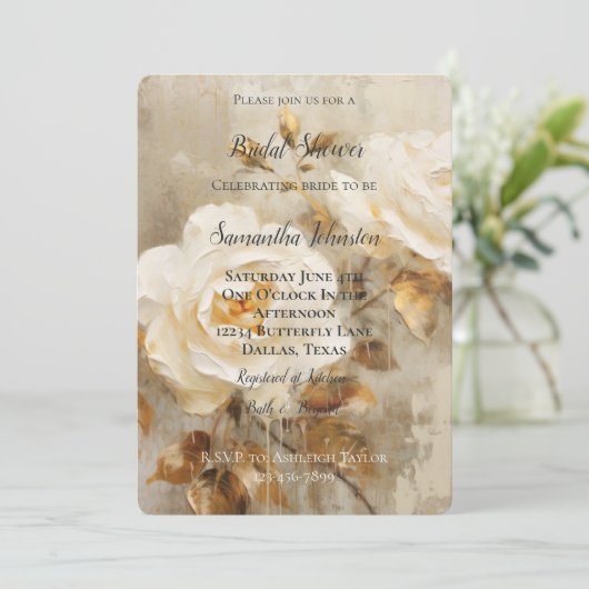 Romantische witte rozen gouden bladeren bruidsdouc kaart (Staand voorkant)