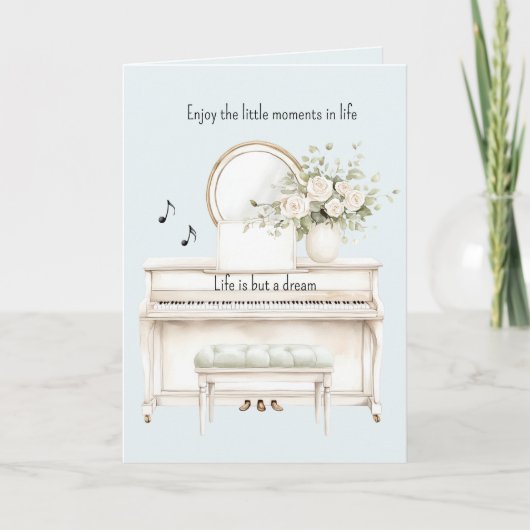 Romantische Witte Rozen Piano het leven is maar ee Kaart (Voorkant)