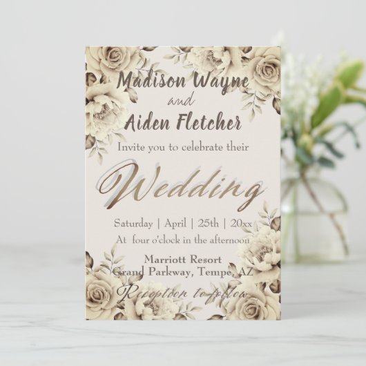 Romantische witte rustieke Rozen bruiloft uitnodig Kaart (Staand voorkant)