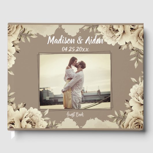 Romantische witte rustieke rozen trouwfoto gastenboek (Voorkant)