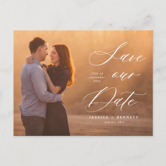 Romantische witte scriptfoto Sla de datum op Briefkaart (Voorkant)