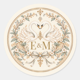 Romantische witte vintage kant zwaan bruiloft ronde sticker